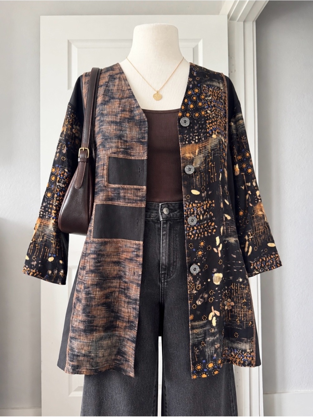 Vintage 90’s C.M. Shapes Blouse Large Black Patchwork Floral Rayon Artsy Boho